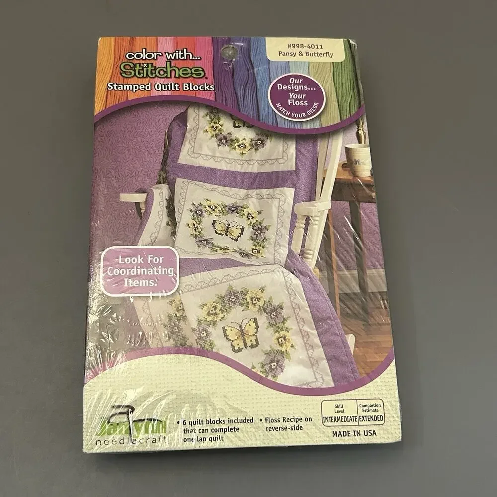 Janlynn Needlecraft Pansy and Butterfly Stamped Cross Stitch Quilt Blocks